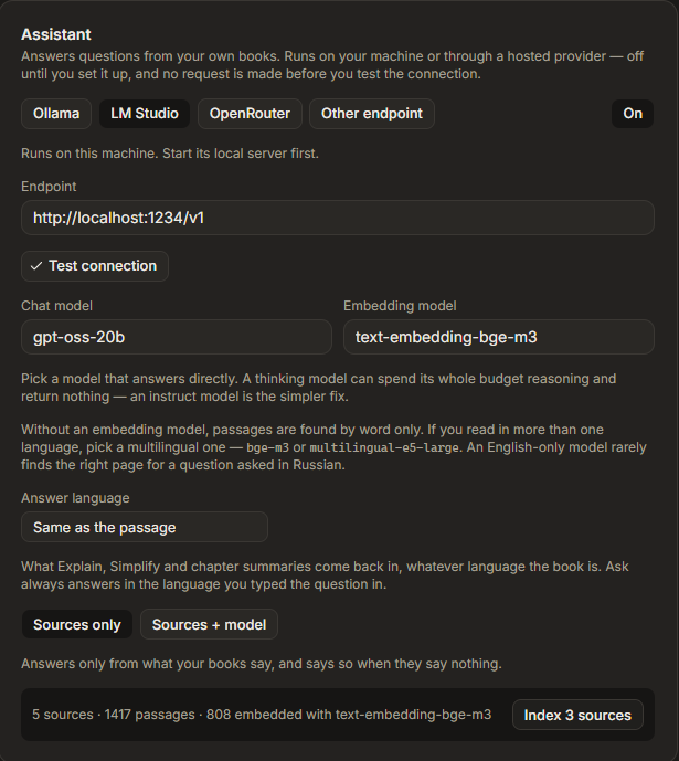 Model settings showing Ollama, LM Studio and other endpoint presets, a test-connection button and chat and embedding model fields