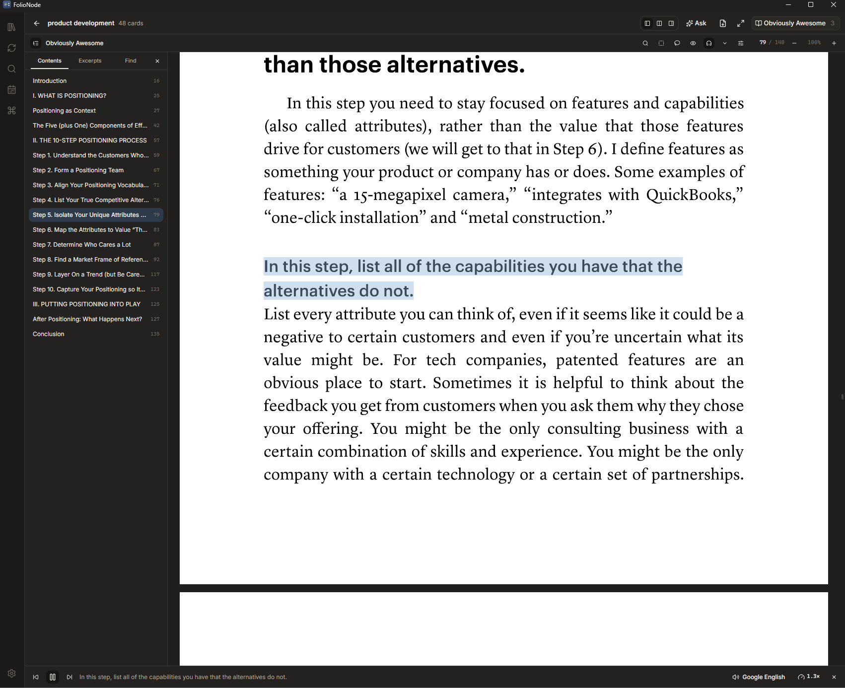 An EPUB being read aloud, with the spoken sentence highlighted and a playback dock at the foot of the reader