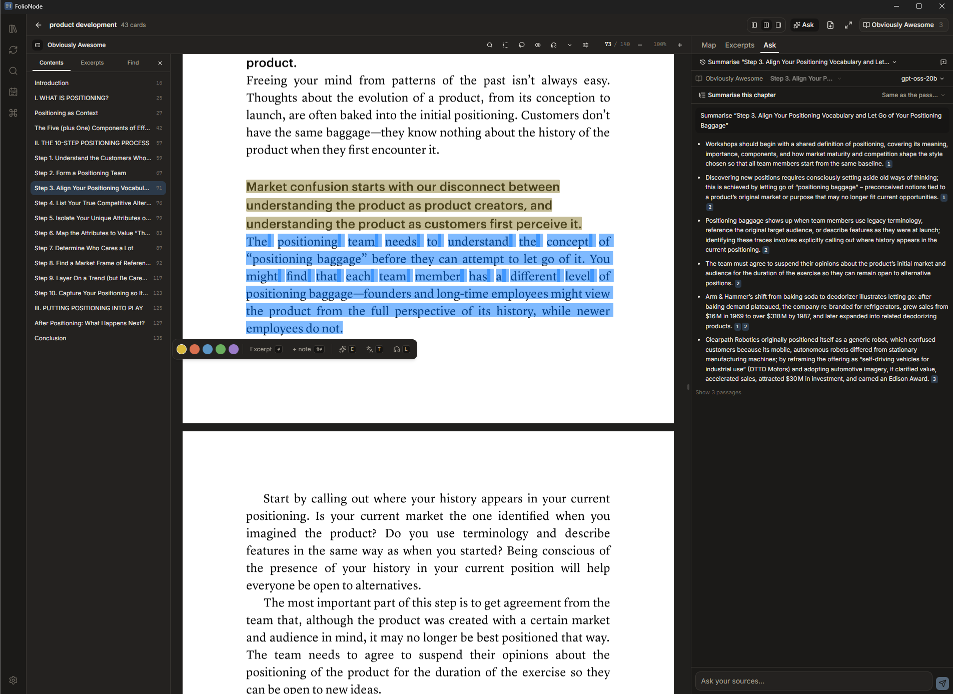FolioNode showing a PDF on the left and the notebook mind map on the right, with excerpts already on the map